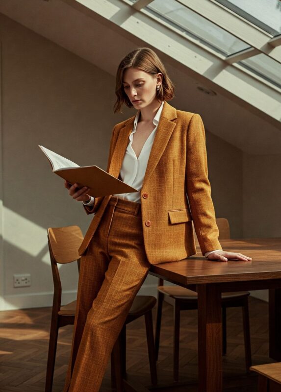 Tailleur orange safran à chevrons en laine pour femme