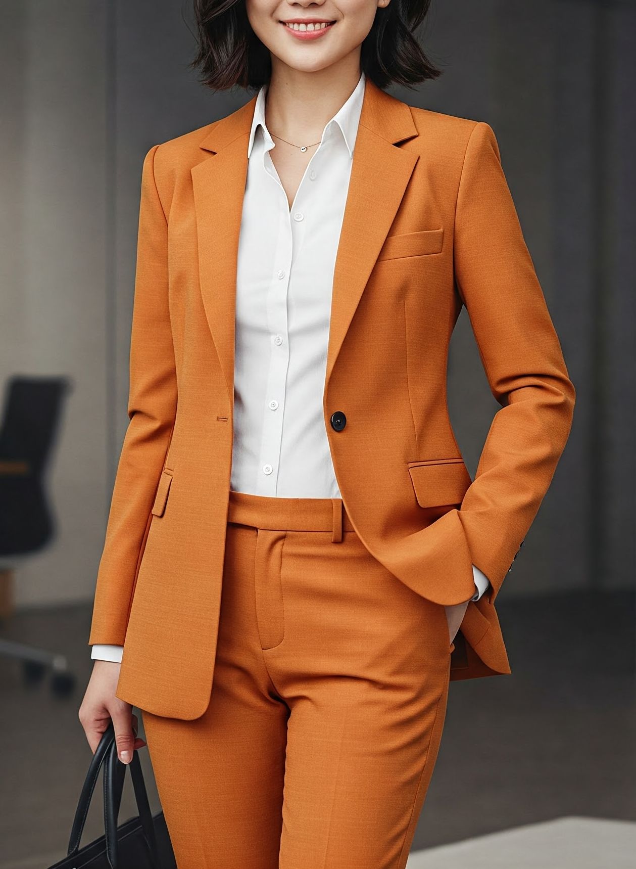 femme en tailleur orange pour le business