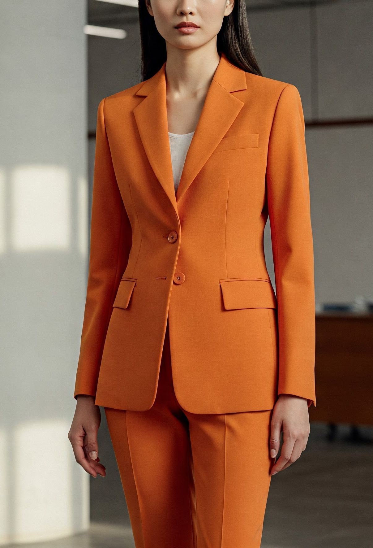 femme en tailleur orange