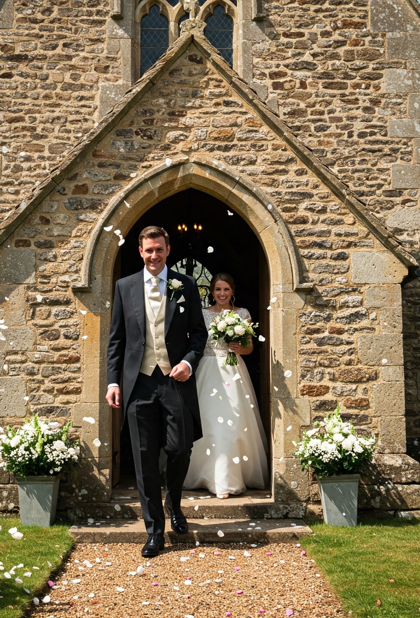 le marié en costume anglais descend les marches de la chapelle