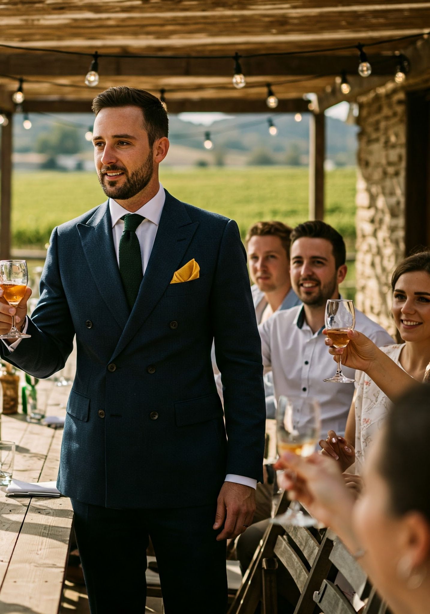le marié en costume anglais marine porte un toast lors d'un mariage en plein air