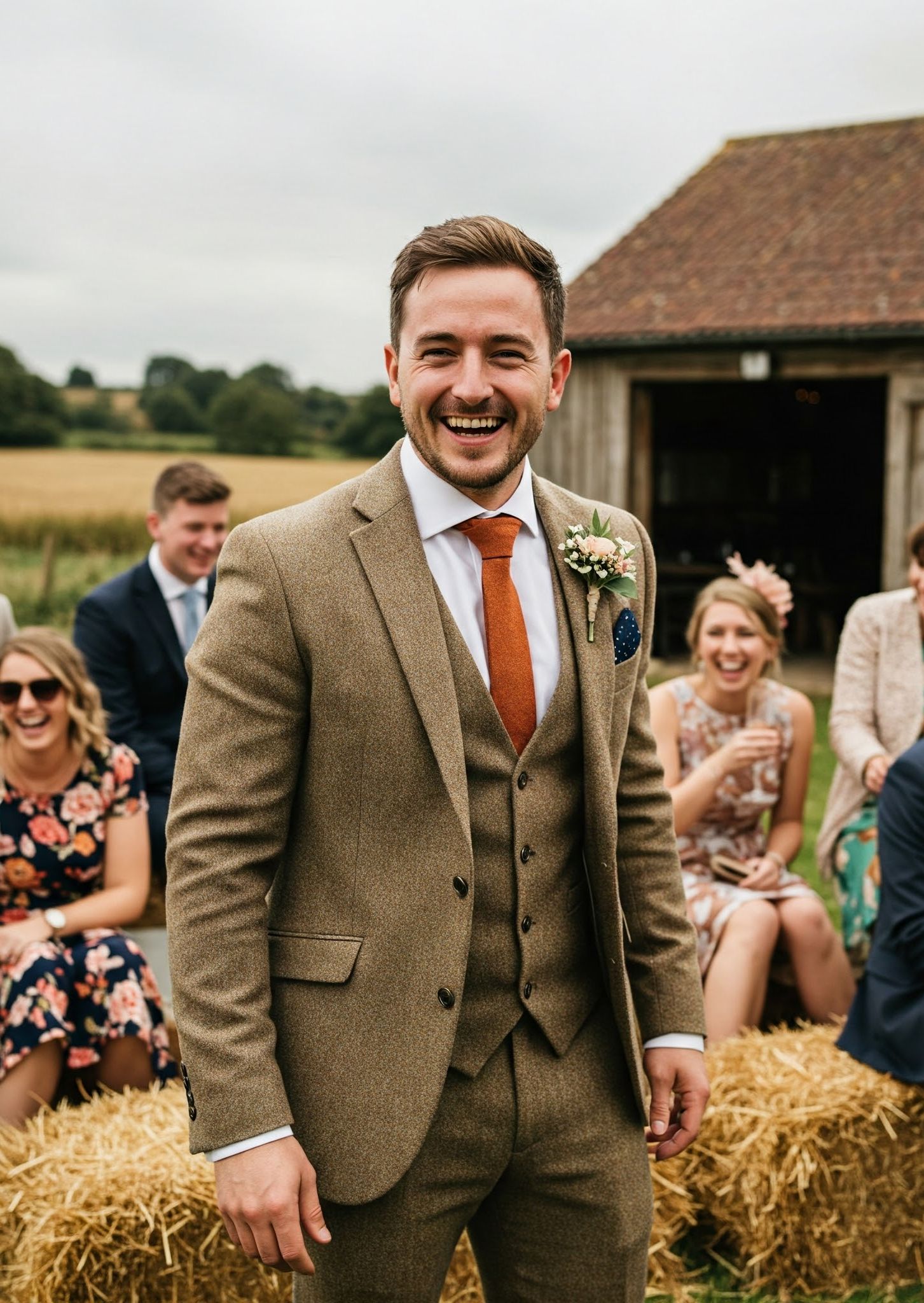 marié en costume anglais beige tweed assis lors d'un mariage rustique