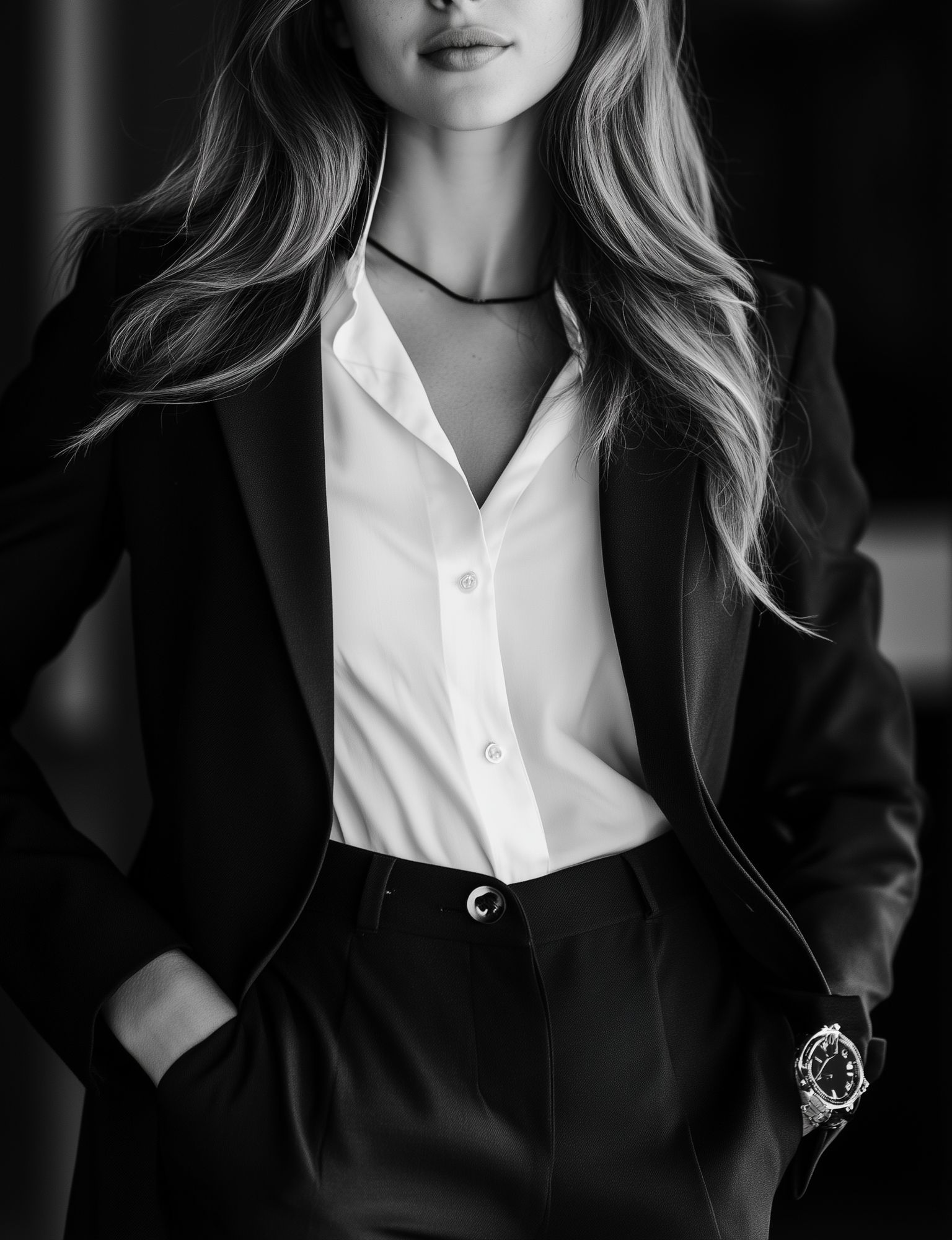 photo noir et blanc d'un tailleur pour femme sur mesure