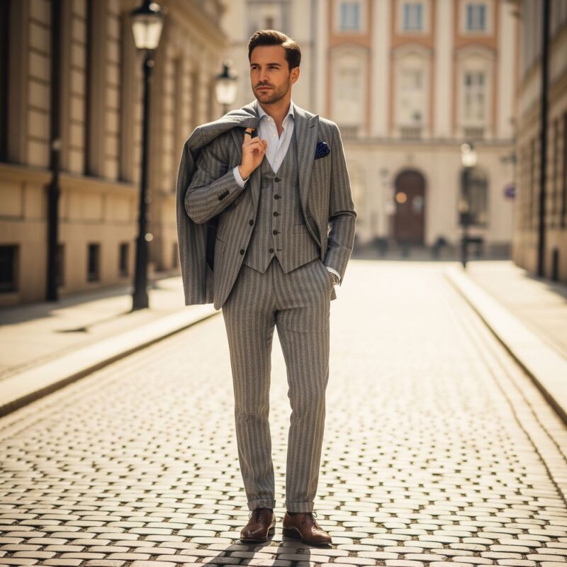 Costume à rayures craie gris perle sur mesure 3 pièces