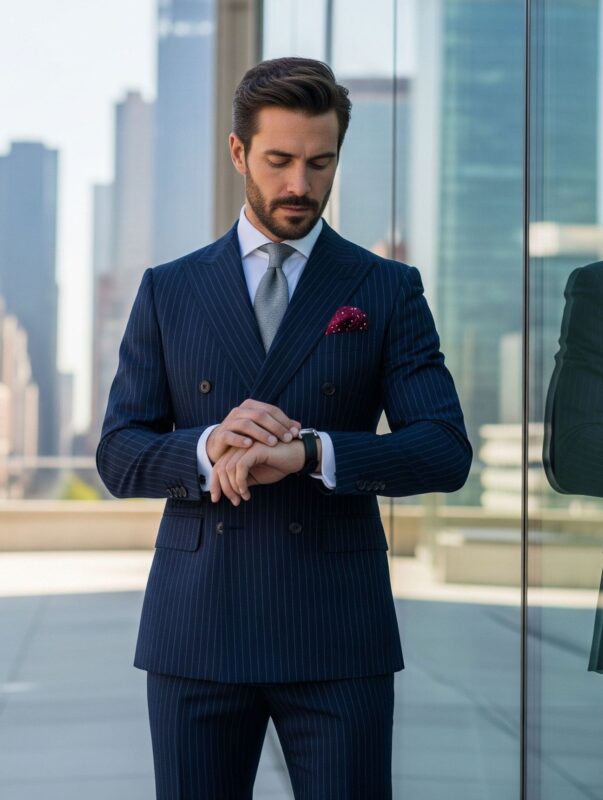 Costume croisé à rayures craie bleu nuit 2 pièces