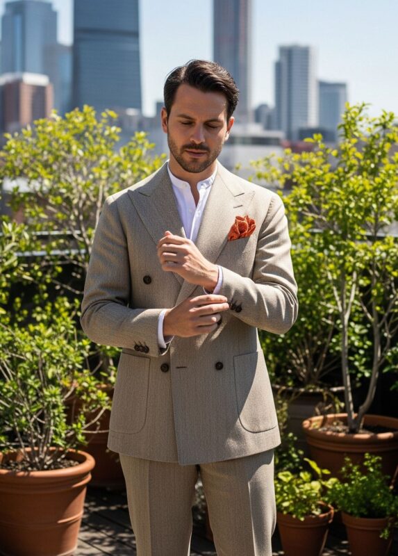 Costume croisé beige à chevrons 2 pièces casual