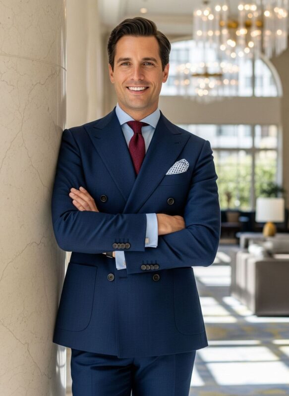 Costume croisé bleu marine en laine et soie 3 pièces