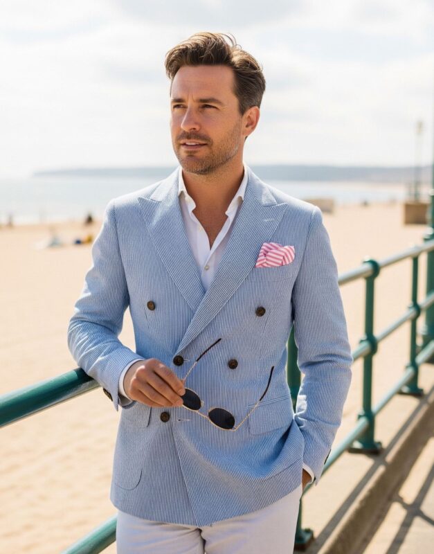 Costume croisé en coton seersucker bleu ciel casual