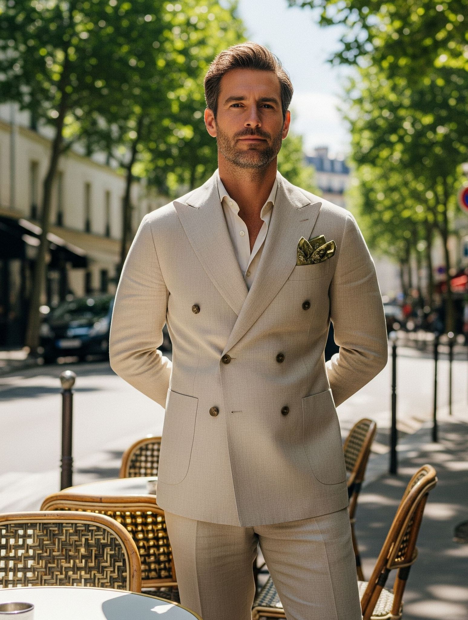 Costume croisé en lin sable casual 2 pièces