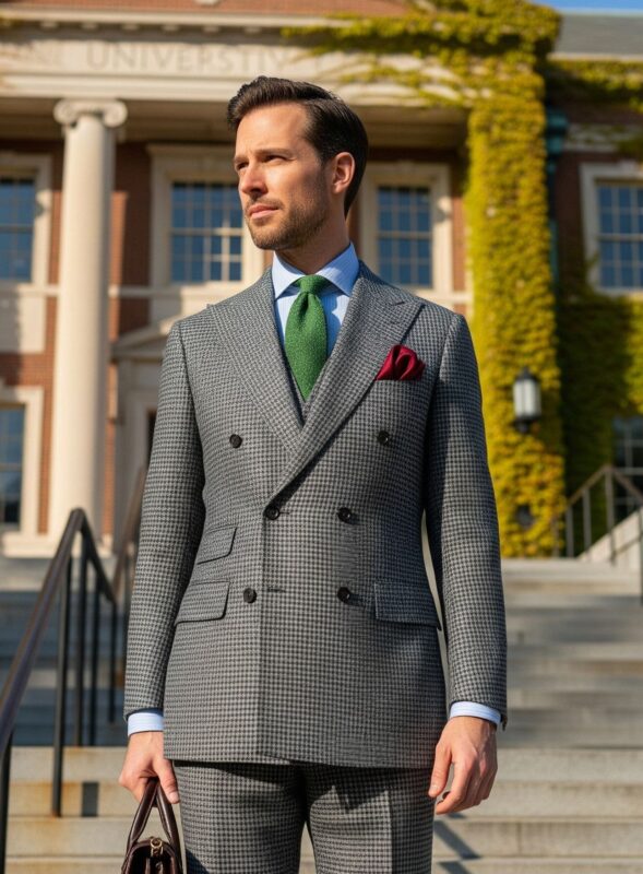 Costume croisé en tweed pied-de-poule gris 3 pièces