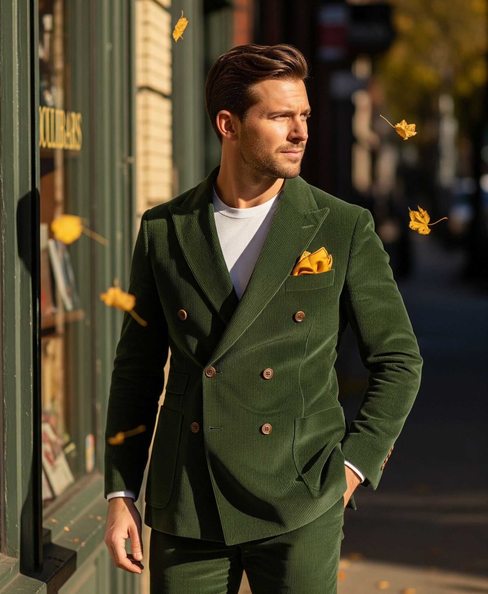 Costume croisé vert bouteille en velours côtelé casual