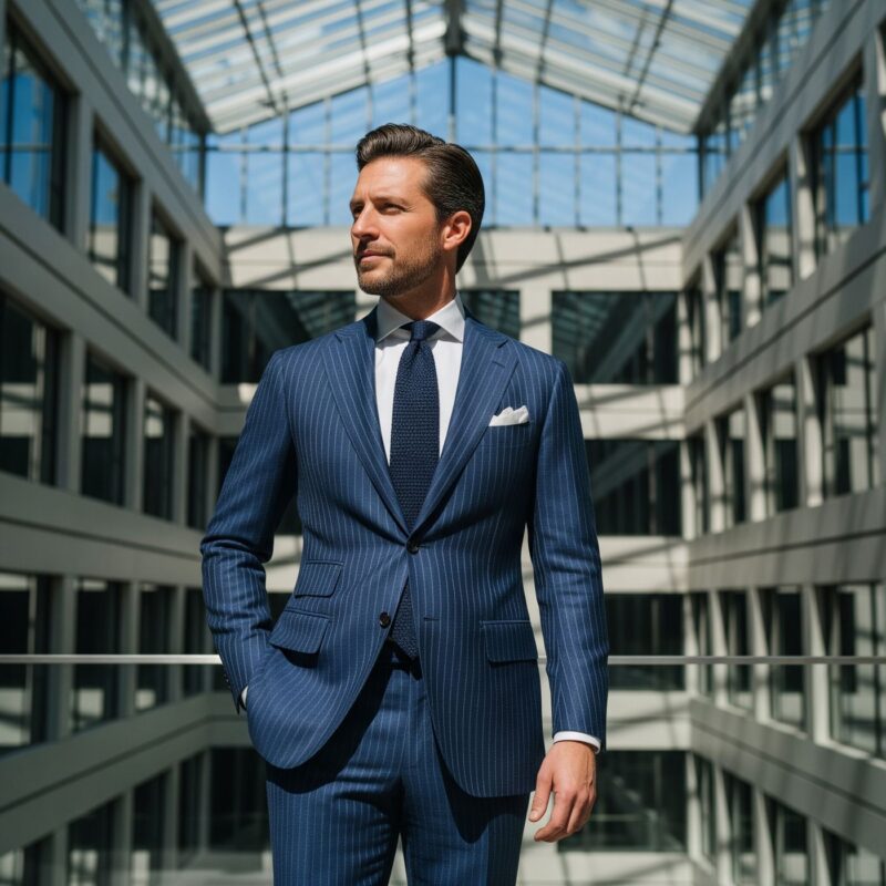 Costume rayé en laine & soie bleu marine sur mesure