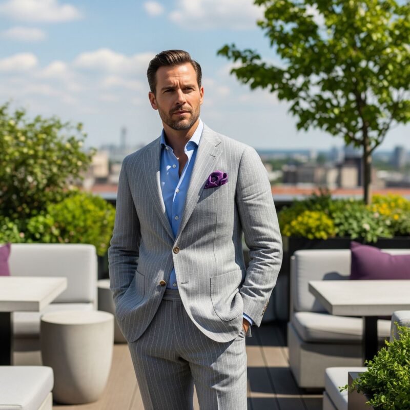 Costume rayé gris clair en laine et lin sur mesure