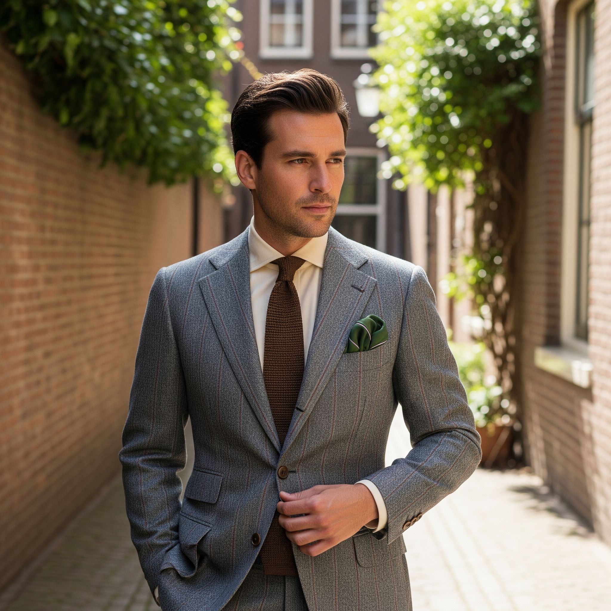 Costume rayé gris moyen en tweed léger sur mesure