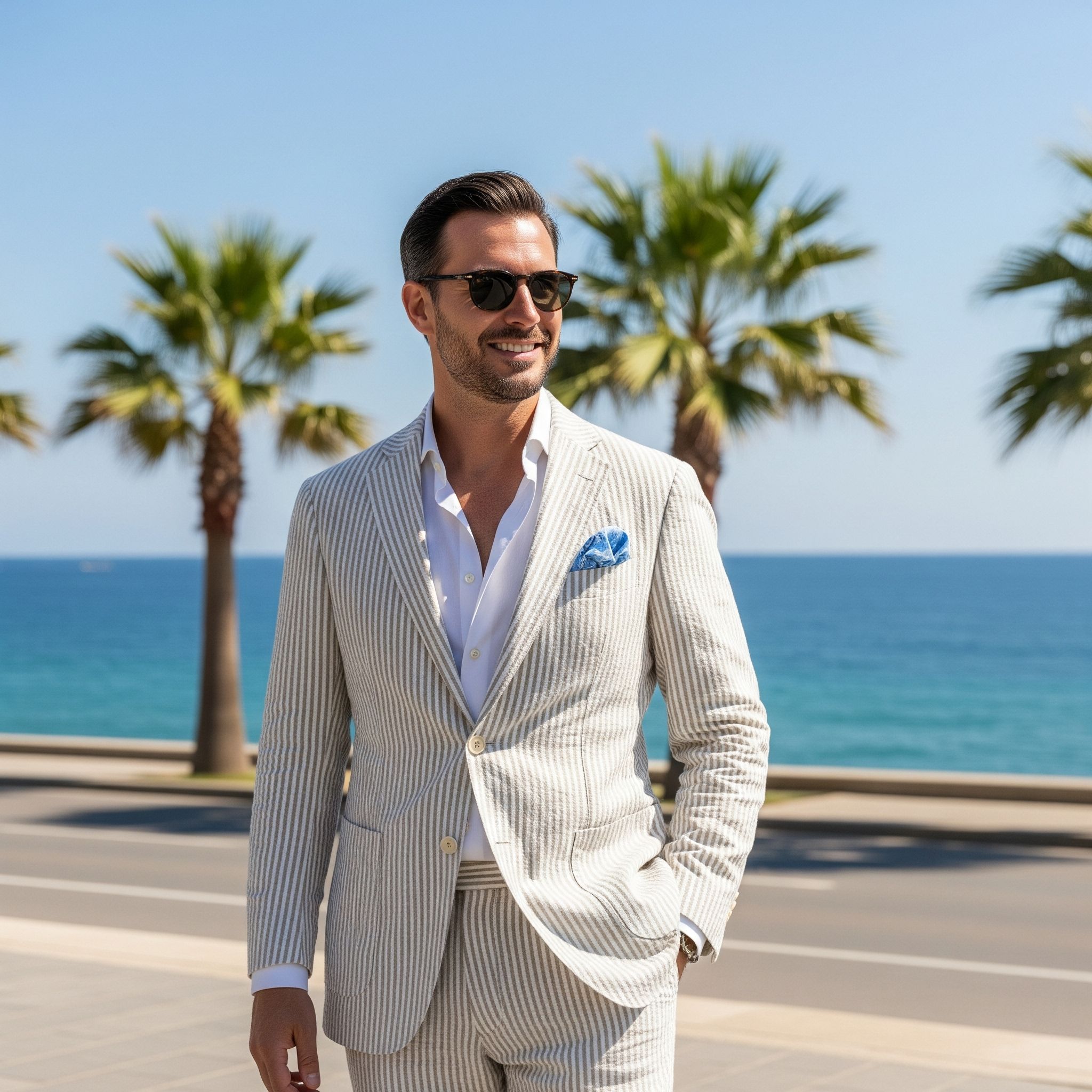 Costume rayé sable et blanc en seersucker sur mesure