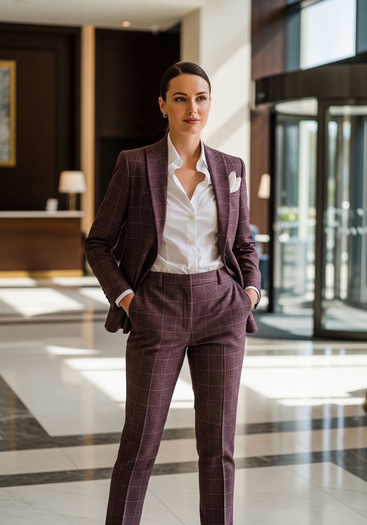 Costume bordeaux femme en laine légère à carreaux