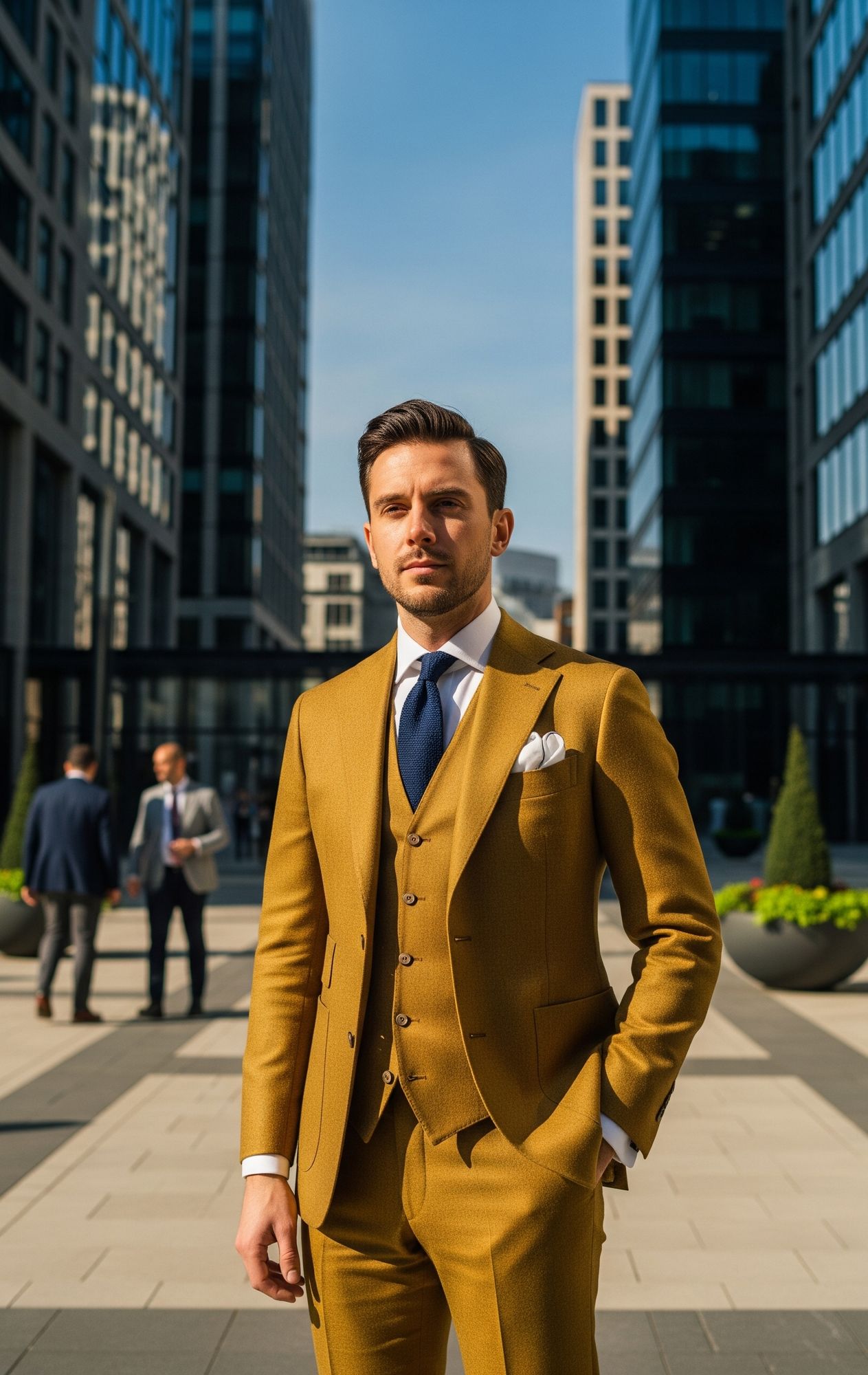 Costume homme jaune moutarde en laine uni 3 pièces