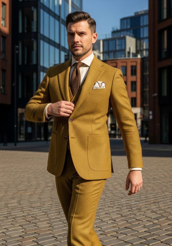 Costume homme jaune moutarde en tweed à chevrons