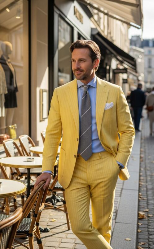 Costume homme jaune vif en coton rayé