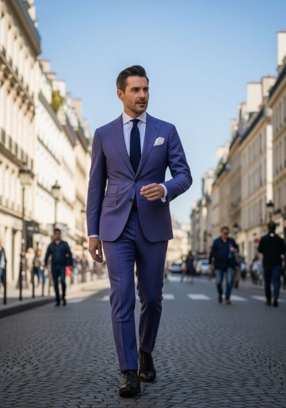 Costume homme violet 2 pièces en laine et élasthanne à rayures fines