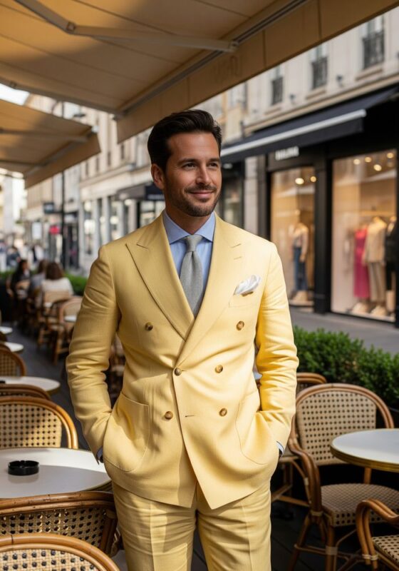 Costume jaune pastel homme en lin croisé