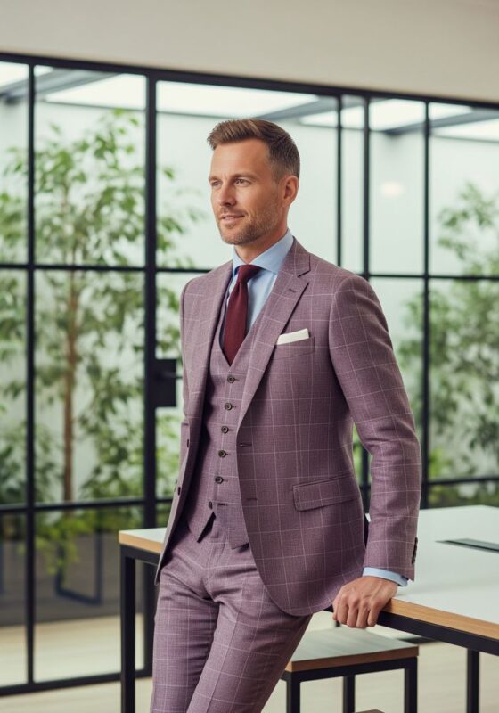 Costume mauve 3 pièces en laine lin soie Prince de Galles