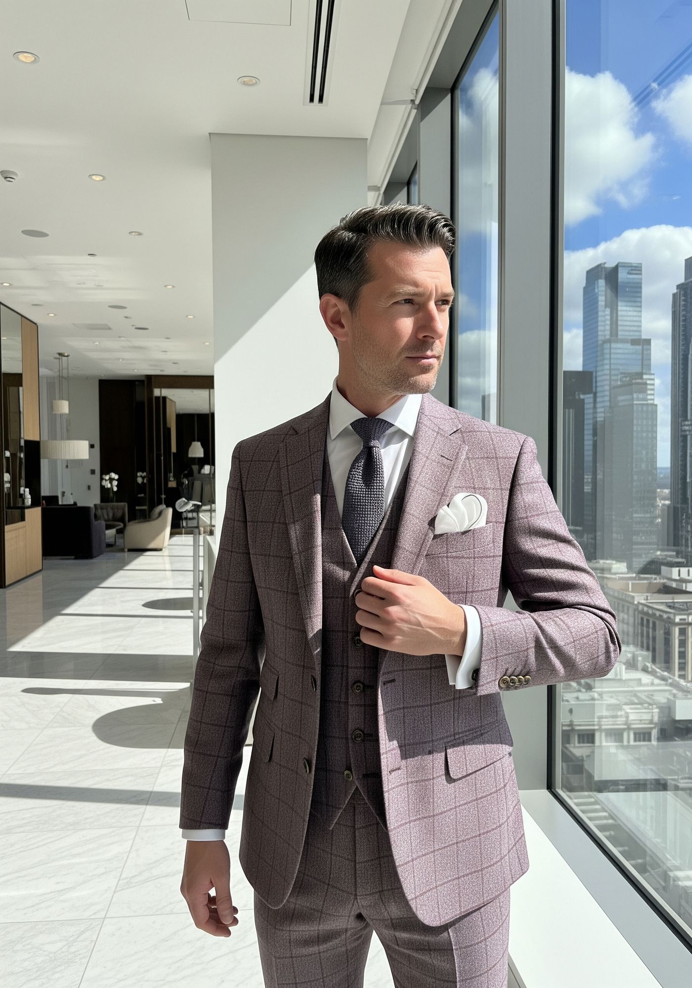 Costume mauve 3 pièces en tweed à carreaux