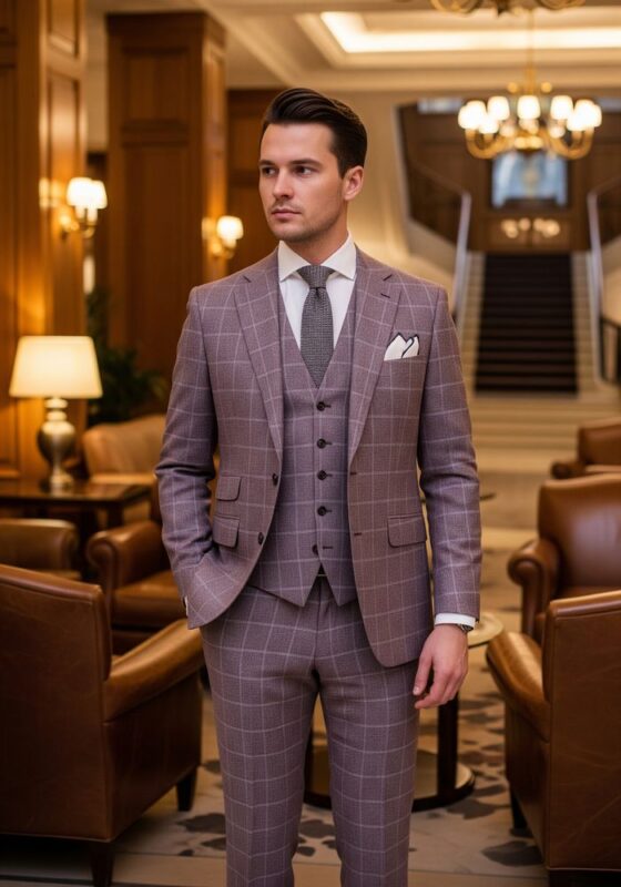 Costume mauve 3 pièces en tweed à carreaux