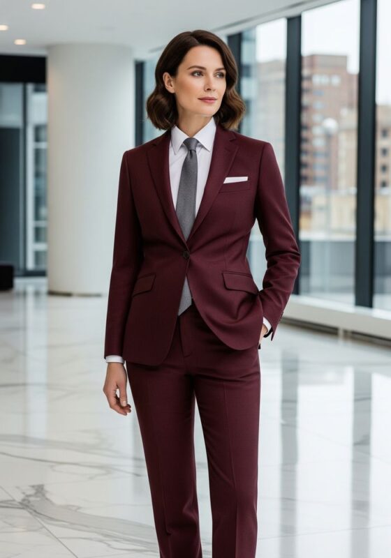 Tailleur 2 pièces bordeaux en laine pour femme