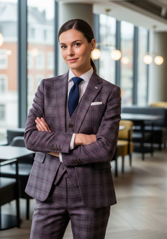 Tailleur 3 pièces bordeaux femme en laine et lin Prince de Galles