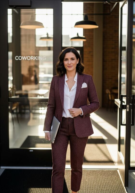 Tailleur bordeaux femme en tweed à chevrons