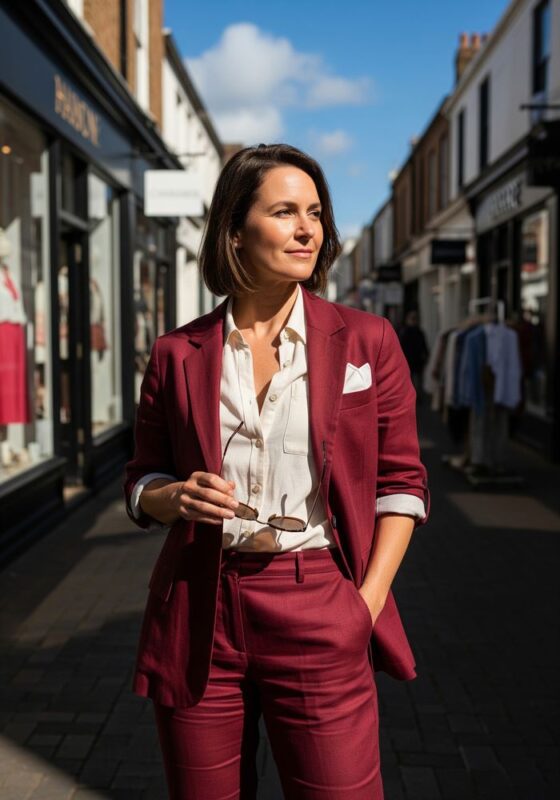 Tailleur pantalon bordeaux en lin pour femme