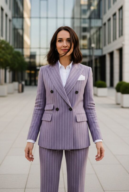 Tailleur lilas à rayures fines en flanelle