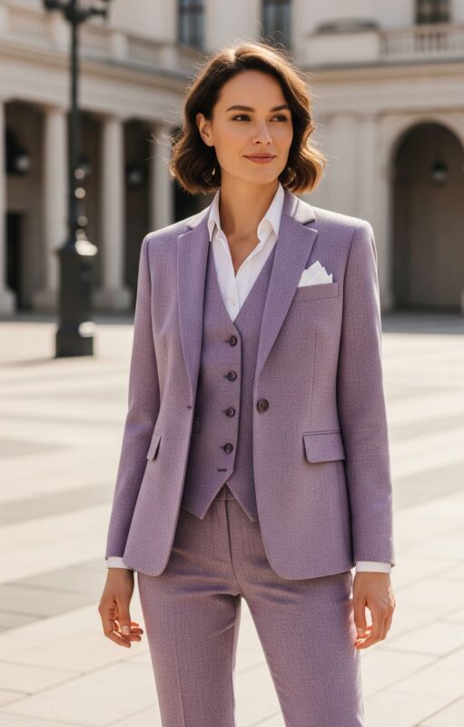 Tailleur lilas en flanelle unie trois pièces