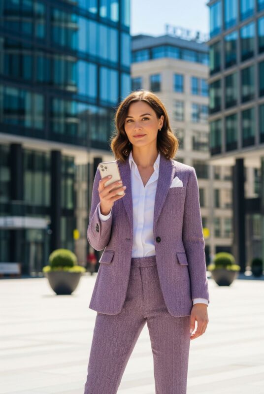 Tailleur lilas en laine à chevrons pour business