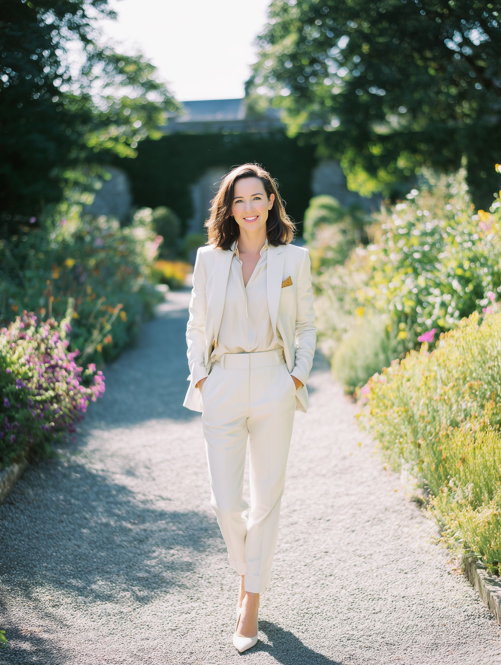 femme en tailleur blanc sur mesure pour cérémonie