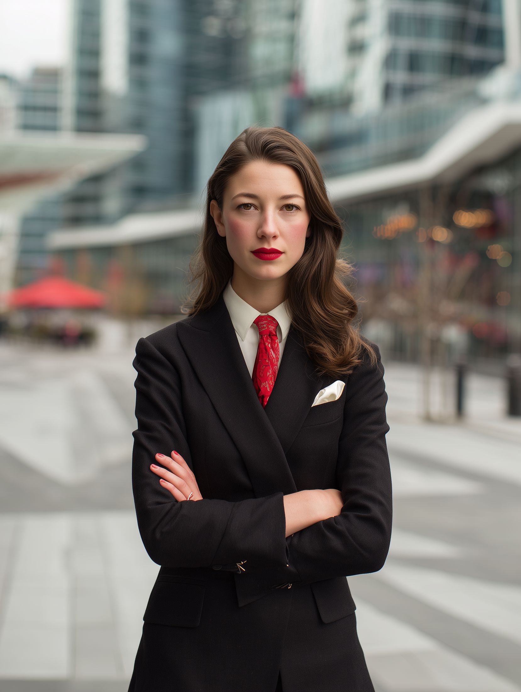 femme en tailleur noir et cravate rouge sur mesure