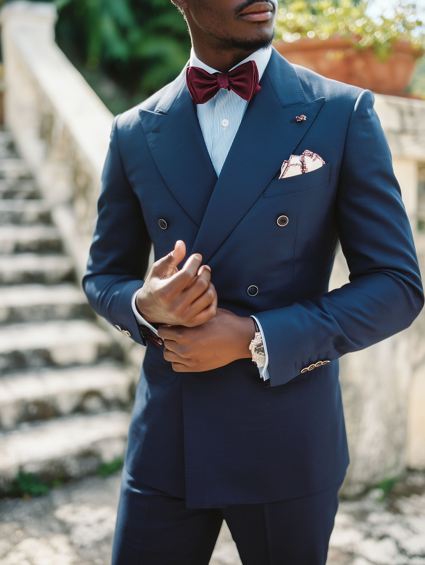 homme en costume bleu croisé sur mesure