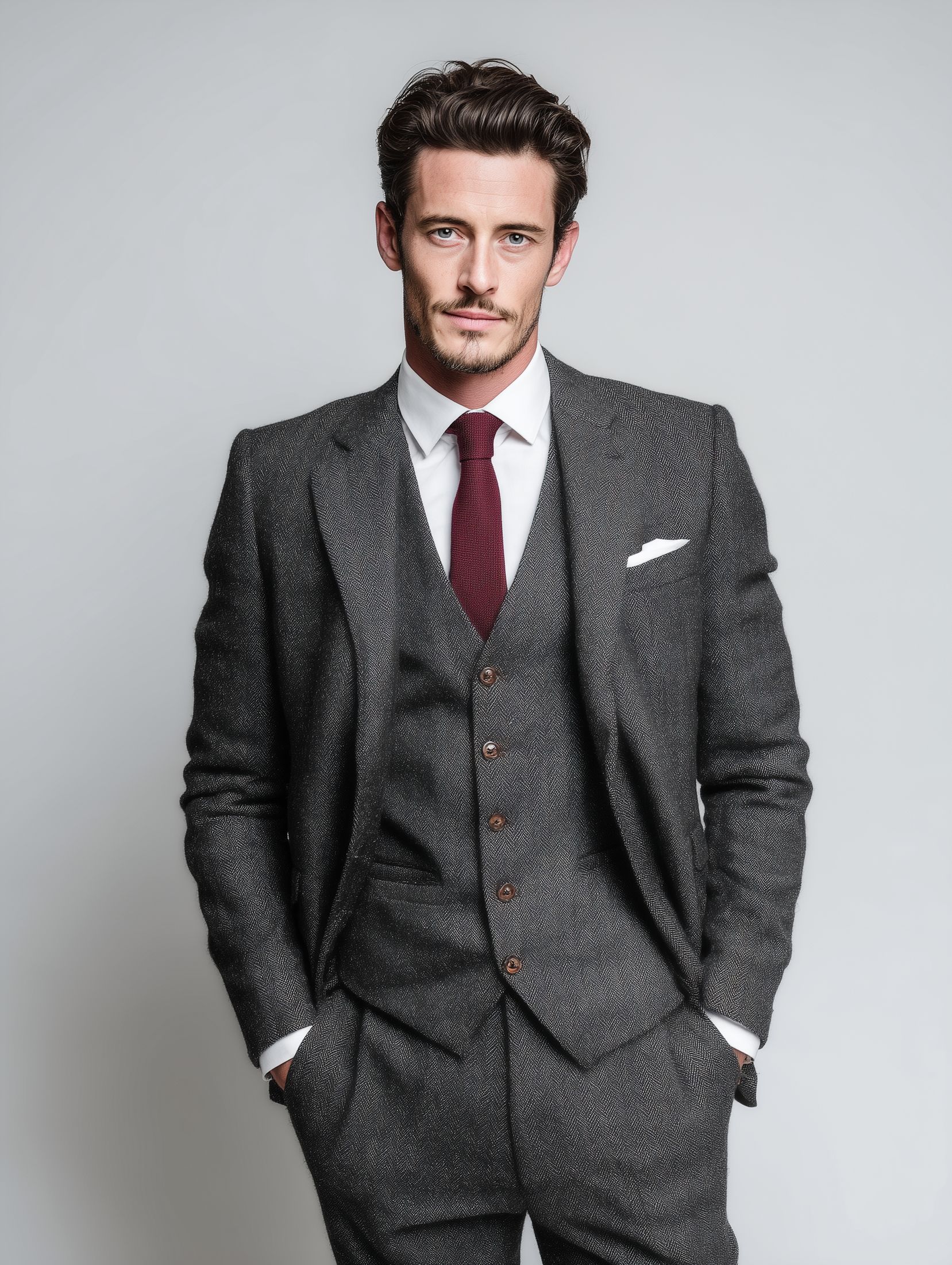 homme en costume gris sur mesure et cravate rouge