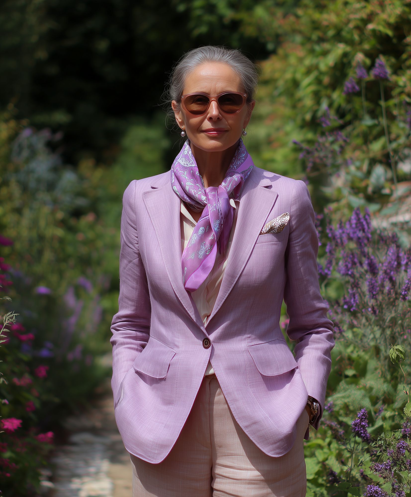 Femme avec veste de tailleur lilas rosé lin soie jardin botanique